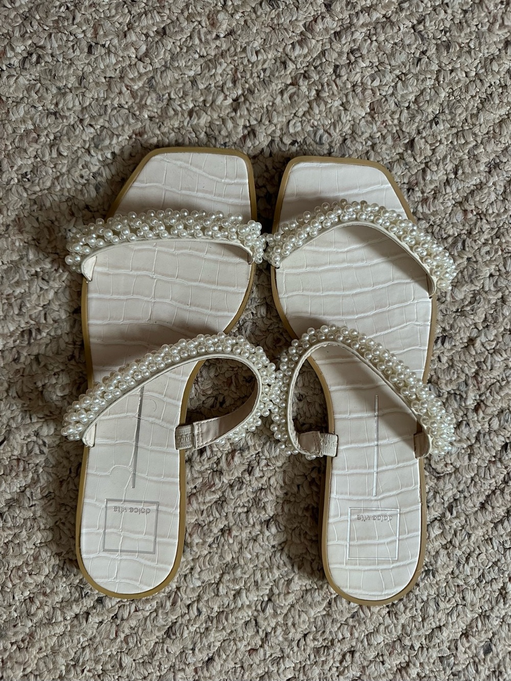 Dolce Vita White Pearl-Embellished Slide Sandals